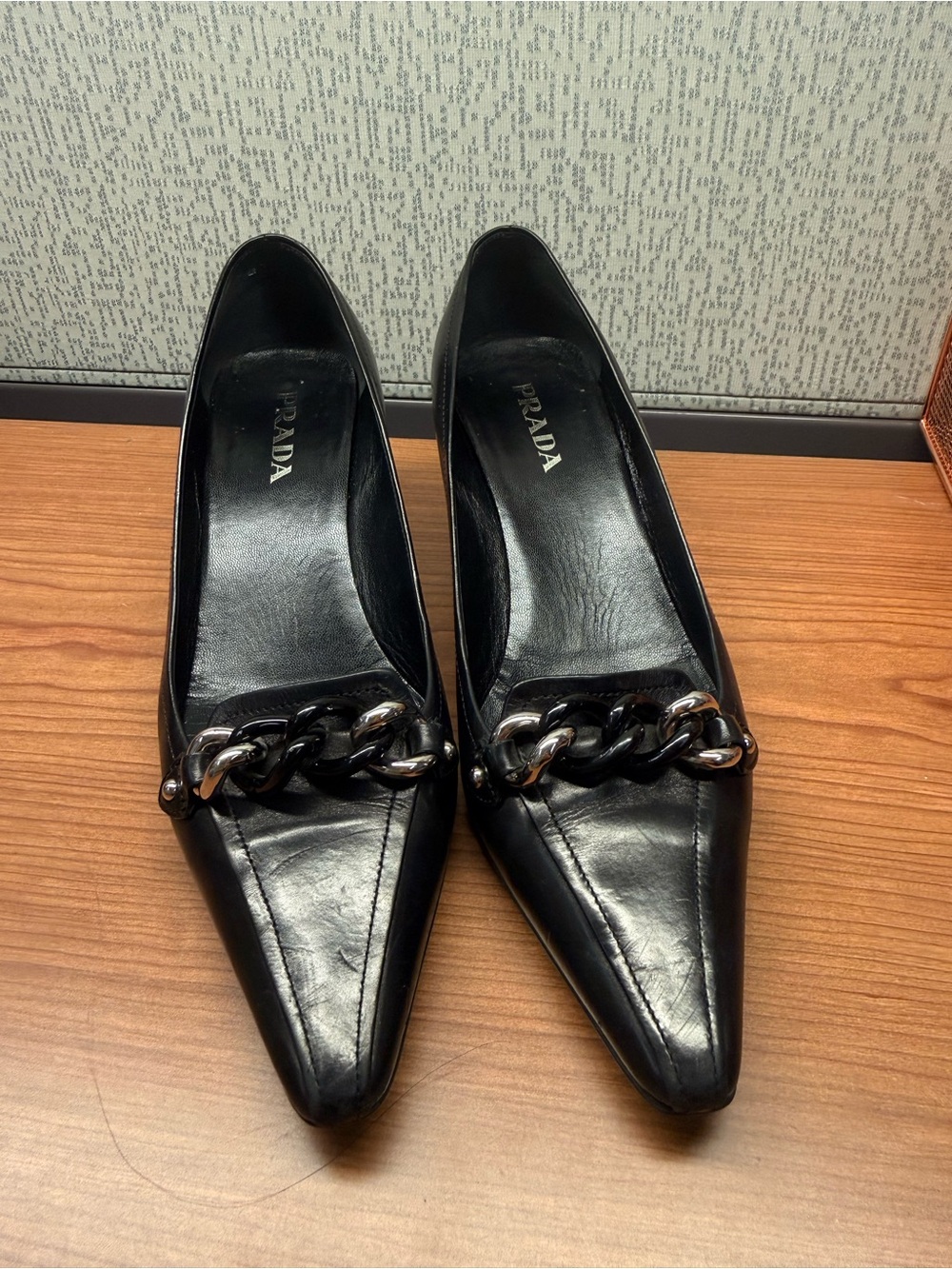 Prada Black Leather Chain Kitten Heel Pumps